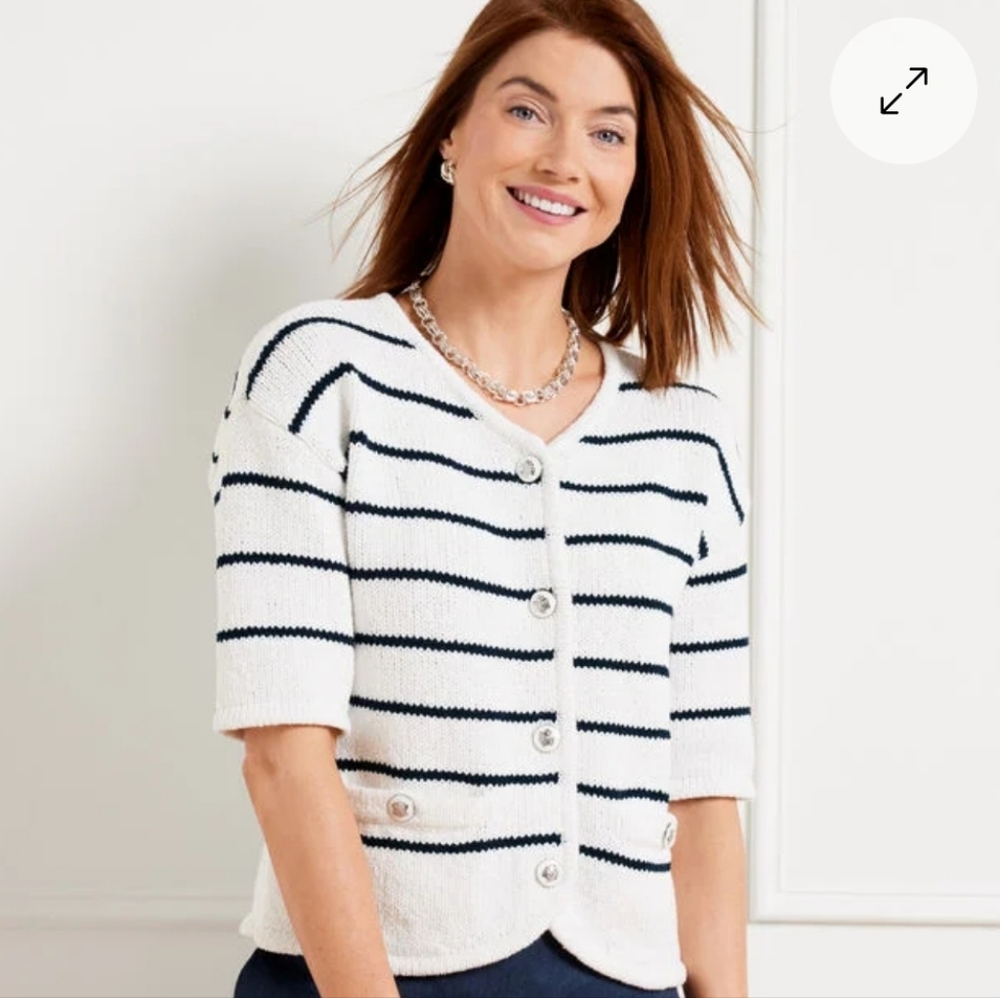Talbots Striped Elbow Sleeve Sweater Jacket White Navy Size Large